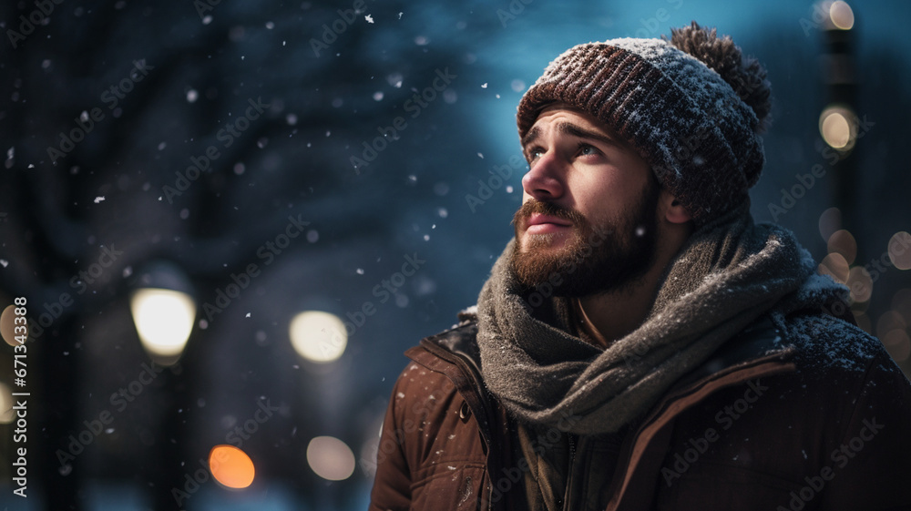 Man wearing winter clothes in snowy night