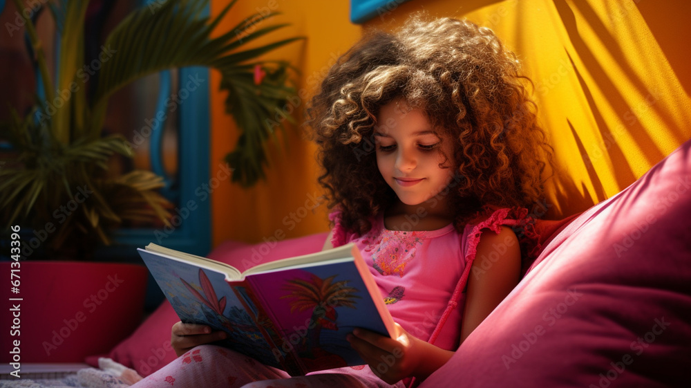 A little girl reading a book in her room