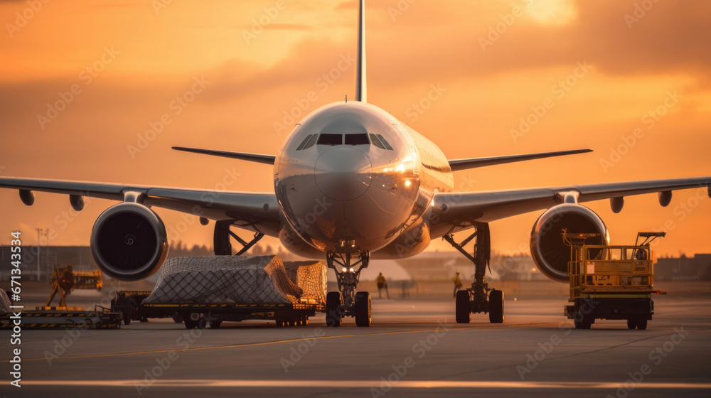 A commercial cargo air freight airplane loaded.