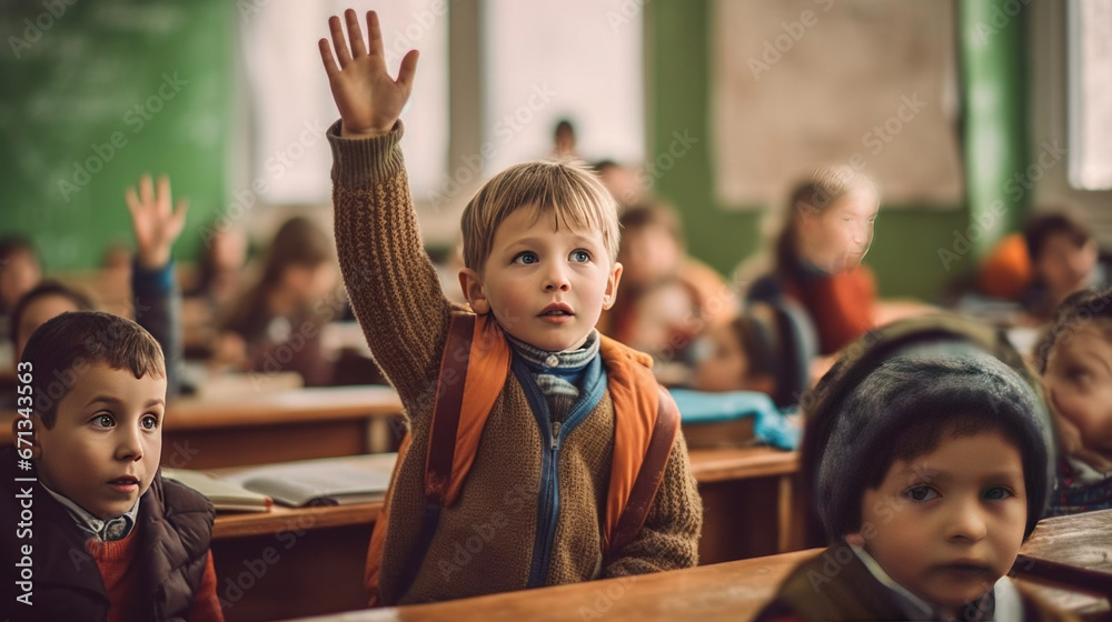 A little boy kid in school classroom raising hand up to answer teacher.