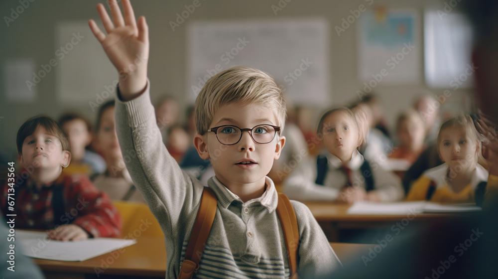 A little boy kid in school classroom raising hand up to answer teacher.