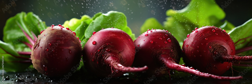 Closeup of Fresh beetroot vegetables with water drops over it.