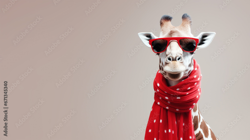 Giraffe wearing winter scarf on a solid background