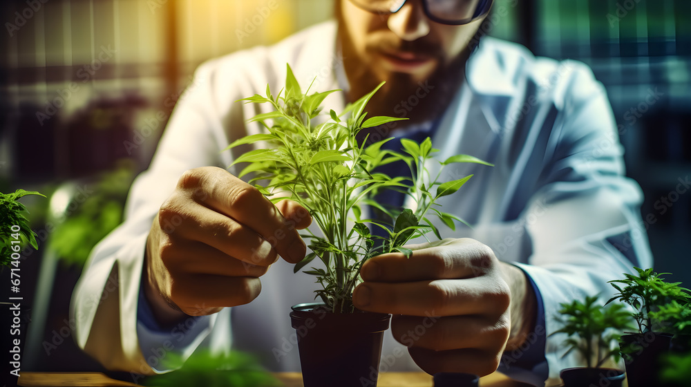 A man wearing a lab coat holding a plant. This image can be used to depict scientific research, botany, or environmental studies.