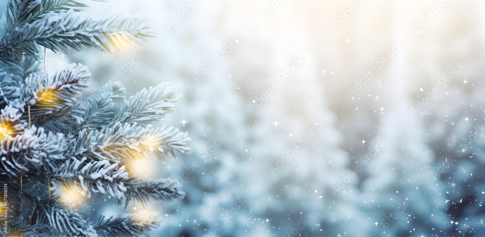 blue christmas background, Christmas winter blurred background. Xmas tree with snow decorated with garland lights, holiday festive background. Widescreen backdrop. New year Winter art design, 