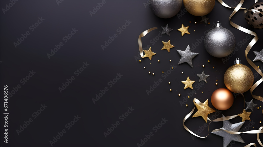 Christmas background with ball , coffeti and decor. Top view with copy space, Christmas decoration on dark background