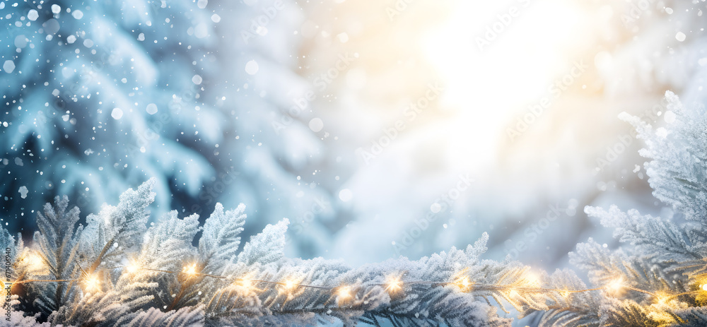 blue christmas background, Christmas winter blurred background. Xmas tree with snow decorated with garland lights, holiday festive background. Widescreen backdrop. New year Winter art design, 