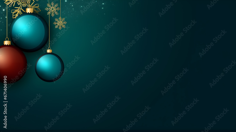  green christmas background with balls and snowflakes with copy space