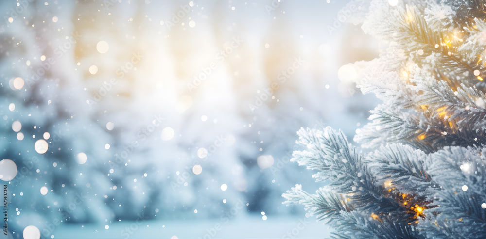 blue christmas background, Christmas winter blurred background. Xmas tree with snow decorated with garland lights, holiday festive background. Widescreen backdrop. New year Winter art design, 