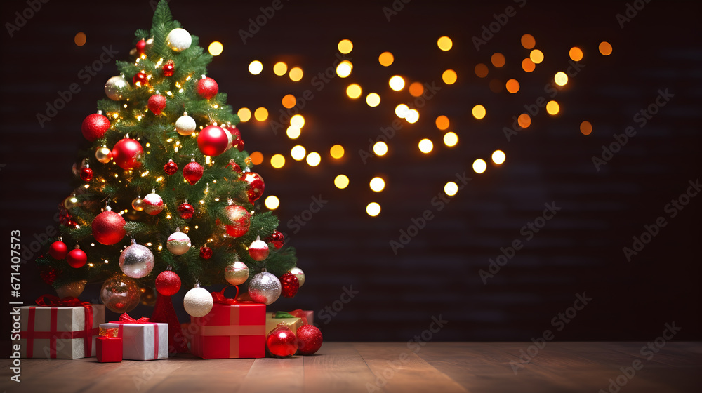 Christmas Tree with Decorations, Decorated Christmas tree on blurred background.