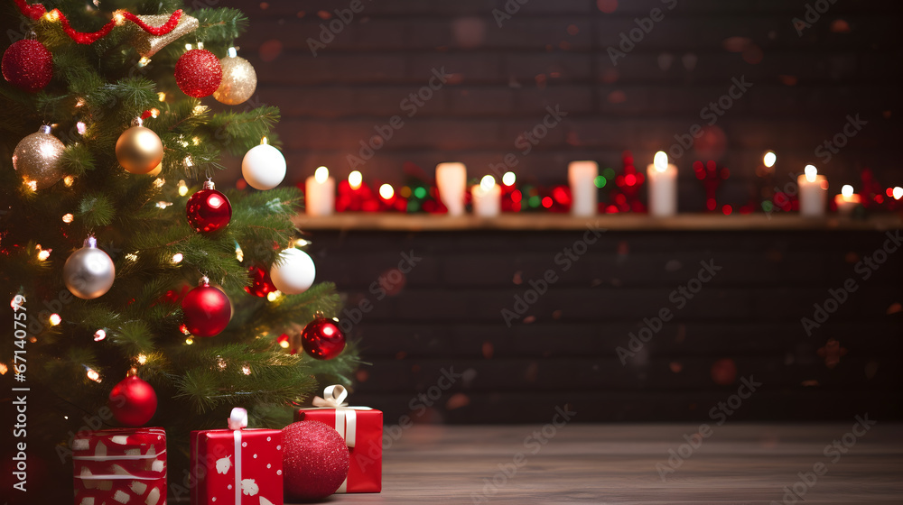 Christmas Tree with Decorations, Decorated Christmas tree on blurred background.