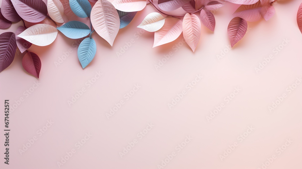 Leaves background in Aesthetic minimalism style. Soft pastel and neutral colors elements for social media. Elegant premium design with blush pink minimal style. Touch of sophistication to any project