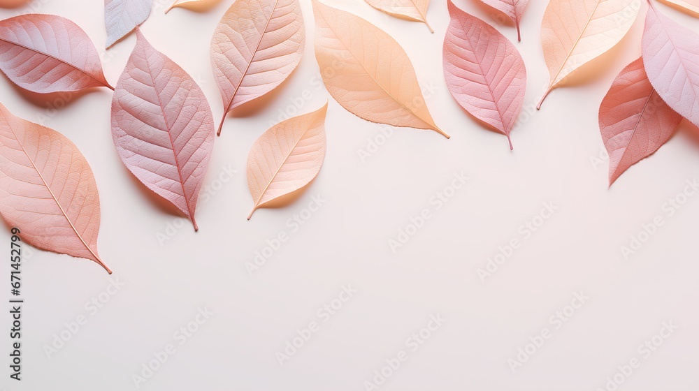 Leaves background in Aesthetic minimalism style. Soft pastel, neutral colors and beige elements for social media. Elegant premium design with minimal style. Touch of sophistication to any project.