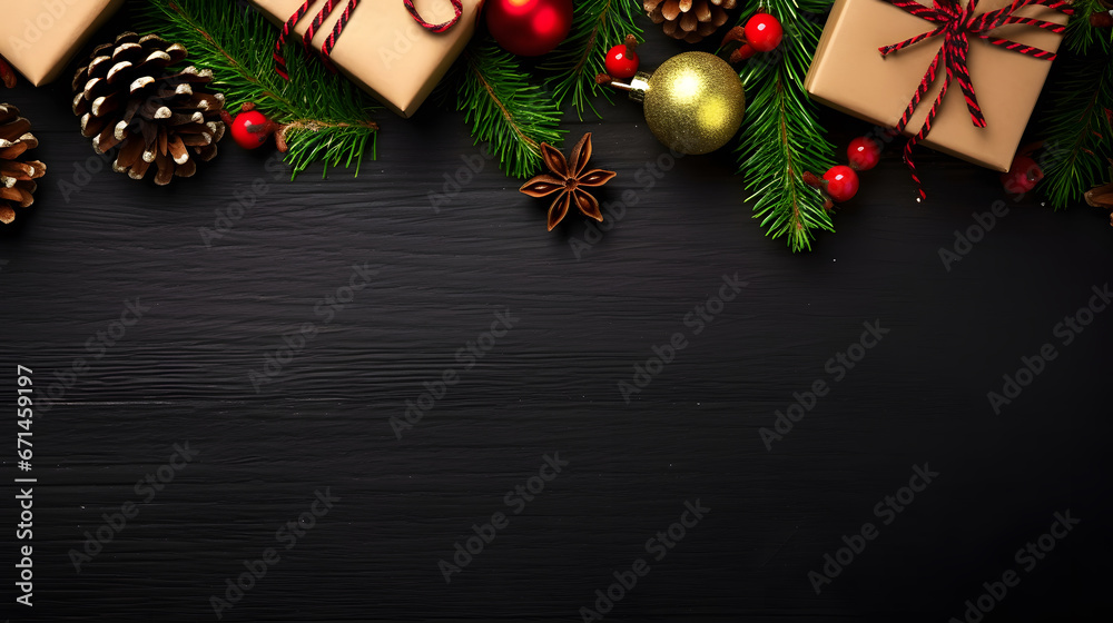 Christmas or New Year dark wooden background, Xmas black board framed with season decorations, space for a text, view from above