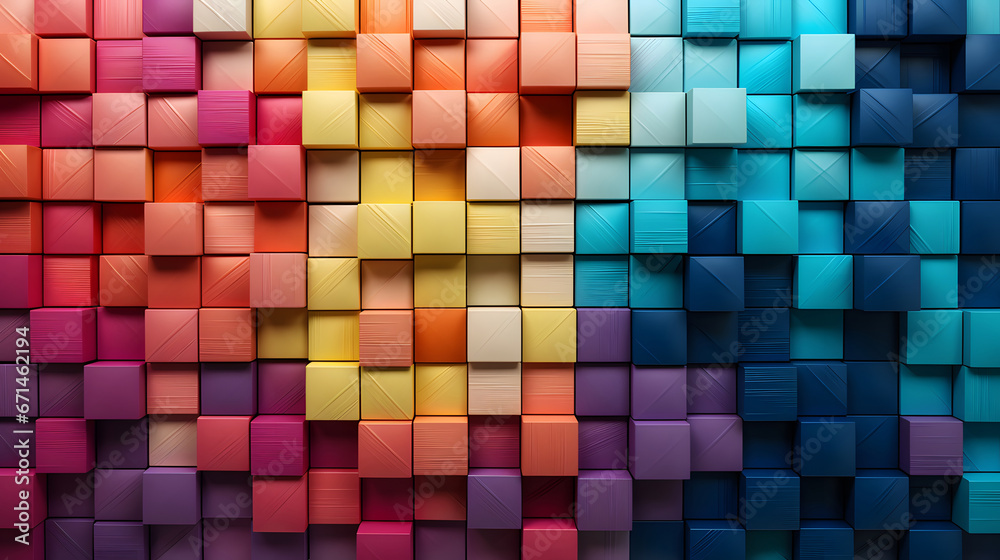 Colorful background of wooden blocks. A Spectrum of multi colored wooden blocks aligned. Background or cover for something creative or diverse. Colorful wooden blocks aligned. 3d render