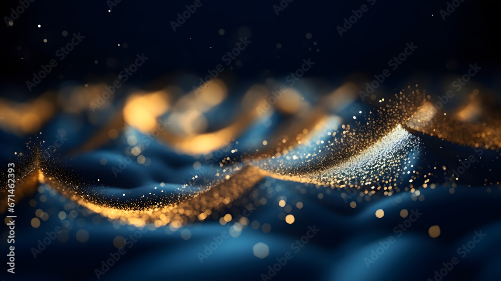 abstract background with Dark blue and gold particle. Christmas Golden light shine particles bokeh on navy blue background. Gold foil texture. Holiday concept.