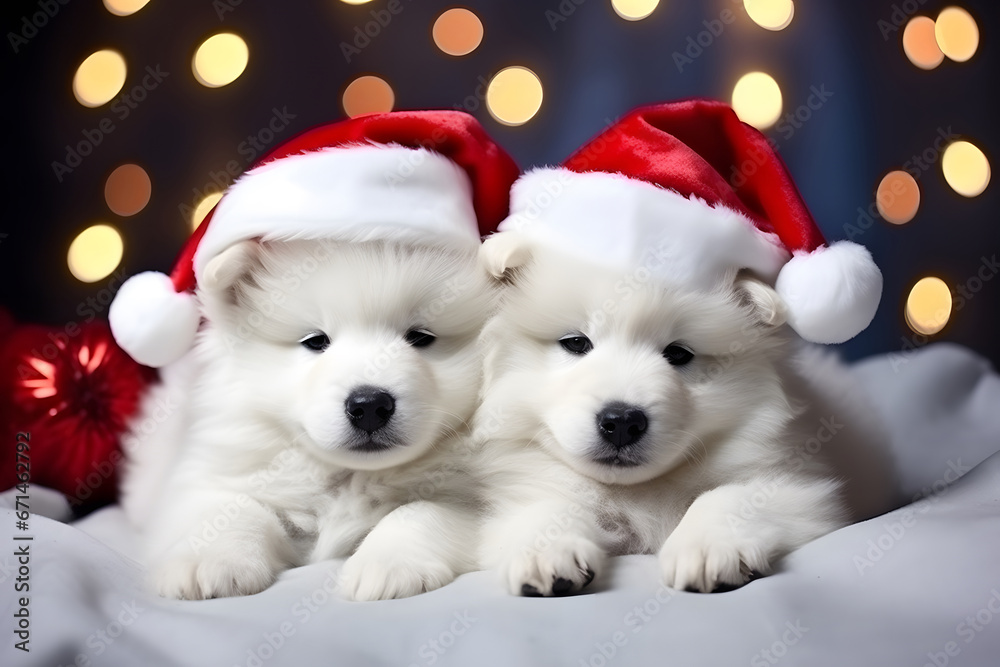 White Samoyed dog puppies in red Santa hats lie on a blanket under the Christmas tree against the background of Christmas lights