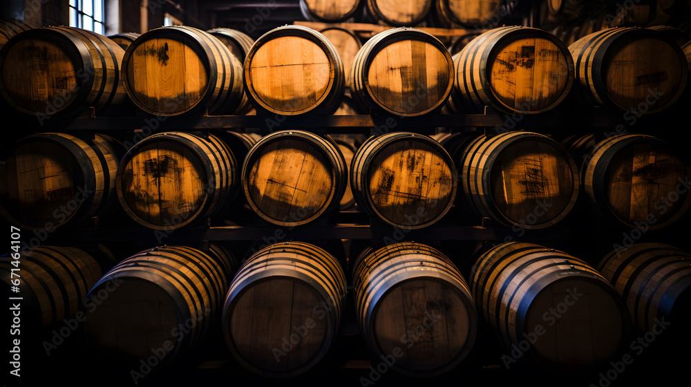 Rows of traditional full whisky barrels, set down to mature, in a large warehouse facility, Whiskey, bourbon, scotch barrels in an aging facility