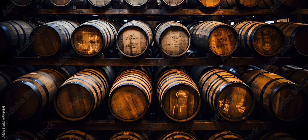 Rows of traditional full whisky barrels, set down to mature, in a large warehouse facility, Whiskey, bourbon, scotch barrels in an aging facility