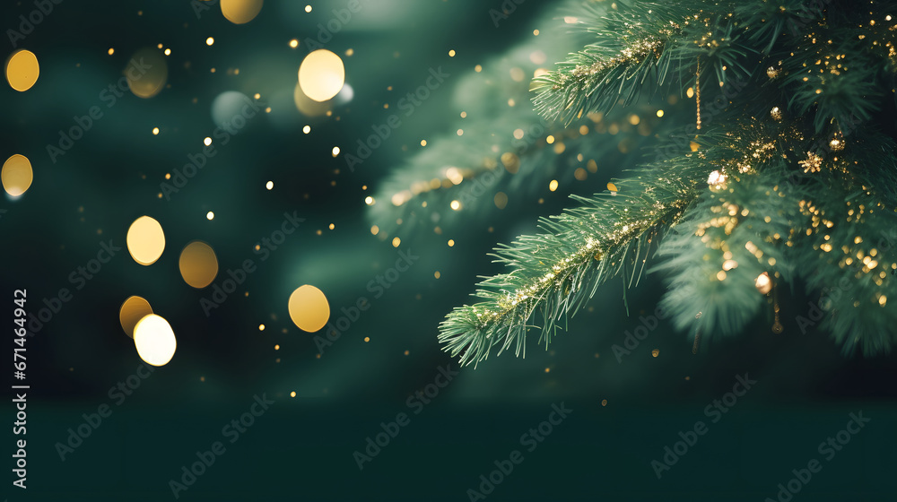 Decorated Christmas tree on blurred background.