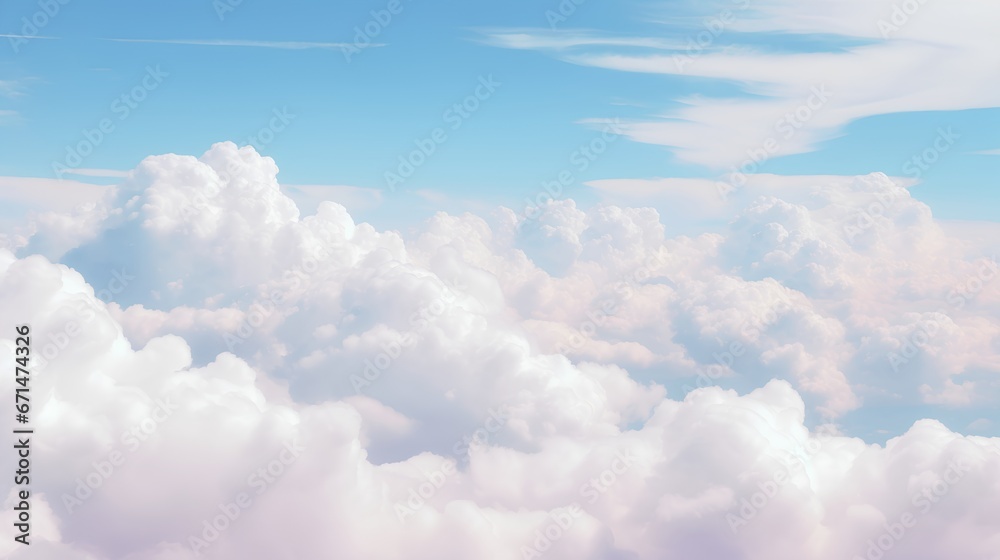 Clouds background in soft, warm, pastel and neutral colors. Aesthetic minimalism wallpaper for social media content. View of sky above clouds. Serene, calming backdrop. Tranquility and simplicity.