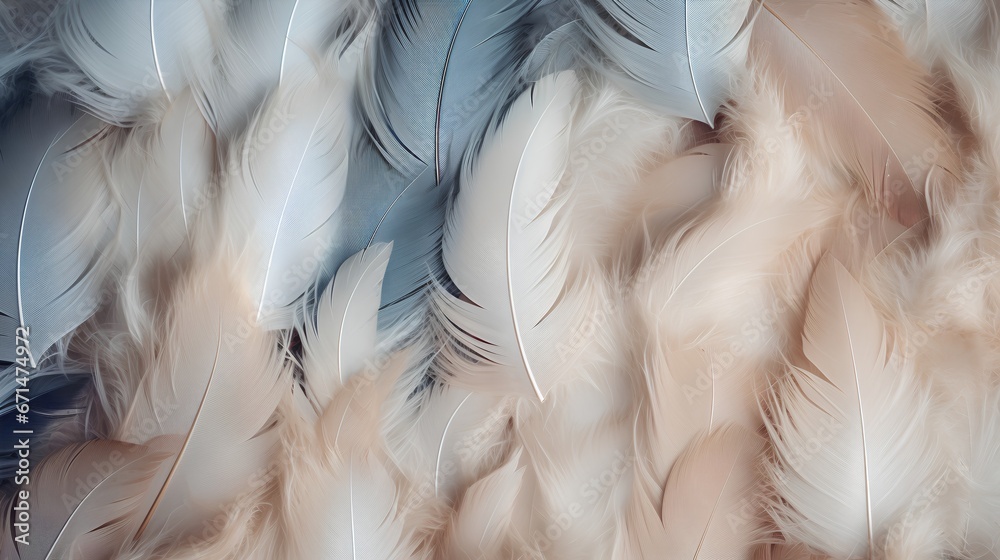 Feathers background with beige colors blend and aesthetic soft style. Fragile and sensitive elements from nature. Neutral pastel design. Beautiful wallpaper with natural texture. Purity and beauty.