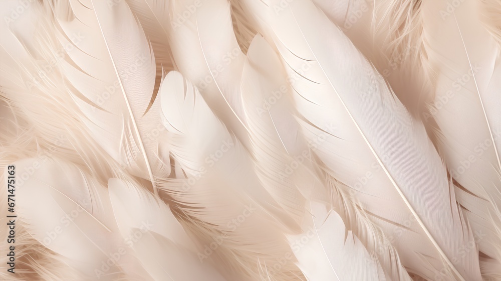 Feathers background with beige colors blend and aesthetic soft style. Fragile and sensitive elements from nature. Neutral pastel design. Beautiful wallpaper with natural texture. Purity and beauty.