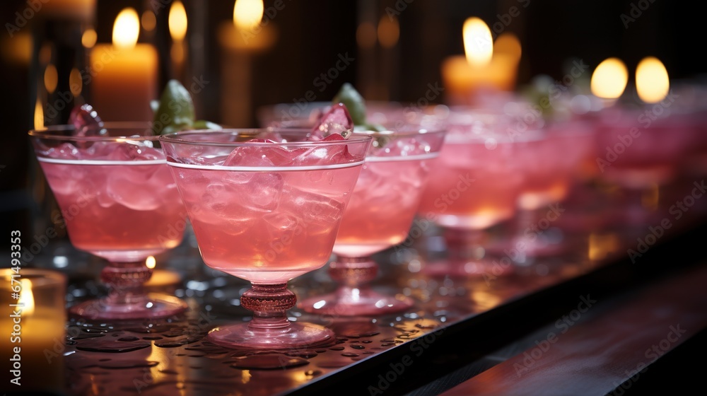 A group of stylish pink girlish cocktails in glasses with high stems at the bar counter. Generative AI