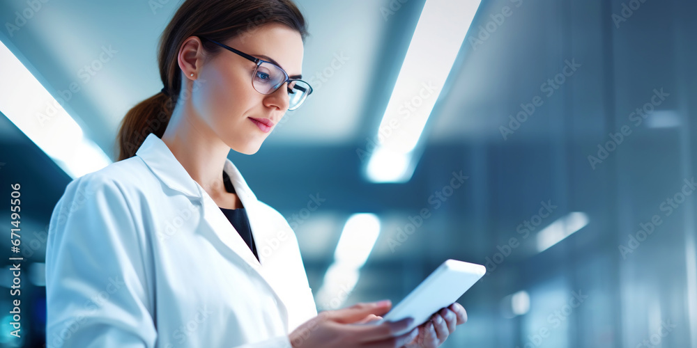 Medical hospital portrait: Confident female medical doctor using tablet . Healthcare concept. Generative AI