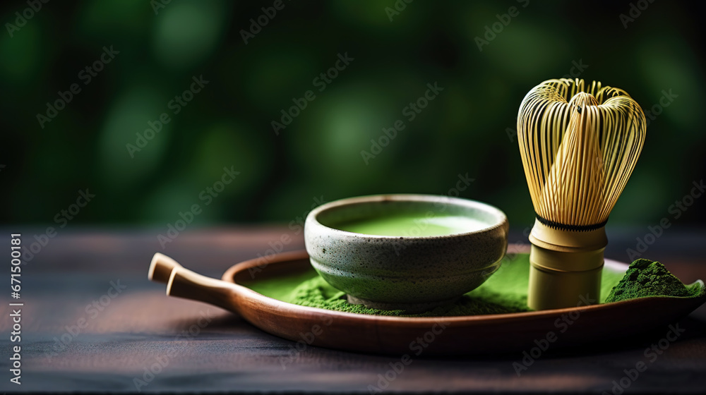 Closeup of matcha tea powder in a wooden plate with whisk on dark background, side view, copy space. Generative AI