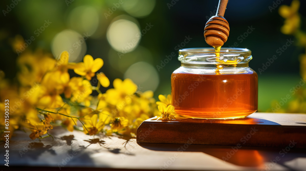 Close-up of a jar of honey with a honey dipper on a wooden table with a green natural background. Generative AI