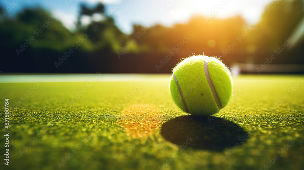 Closeup of tennis ball on empty court. Tennis match on sunny day. Concept of a sporty lifestyle. Generative AI