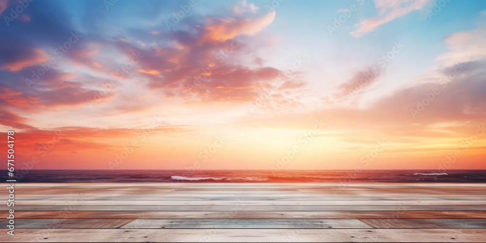 Wood table mockup with sunrise majestic sky background. Empty copy space for product presentation. Generative AI