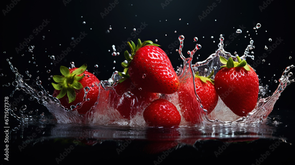 Fresh strawberry with water splashes on dark background. Generative AI