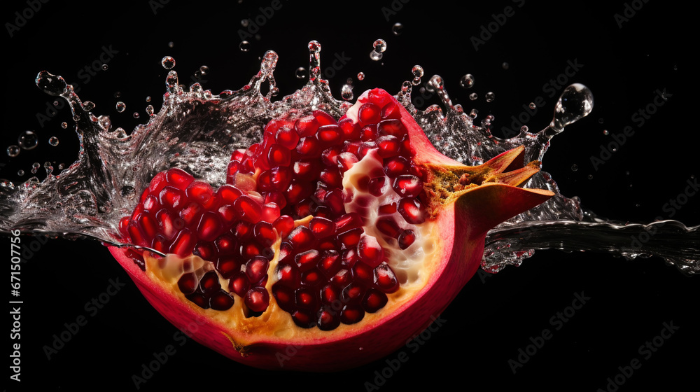 Fresh pomegranates with water splashes on black background. Generative AI