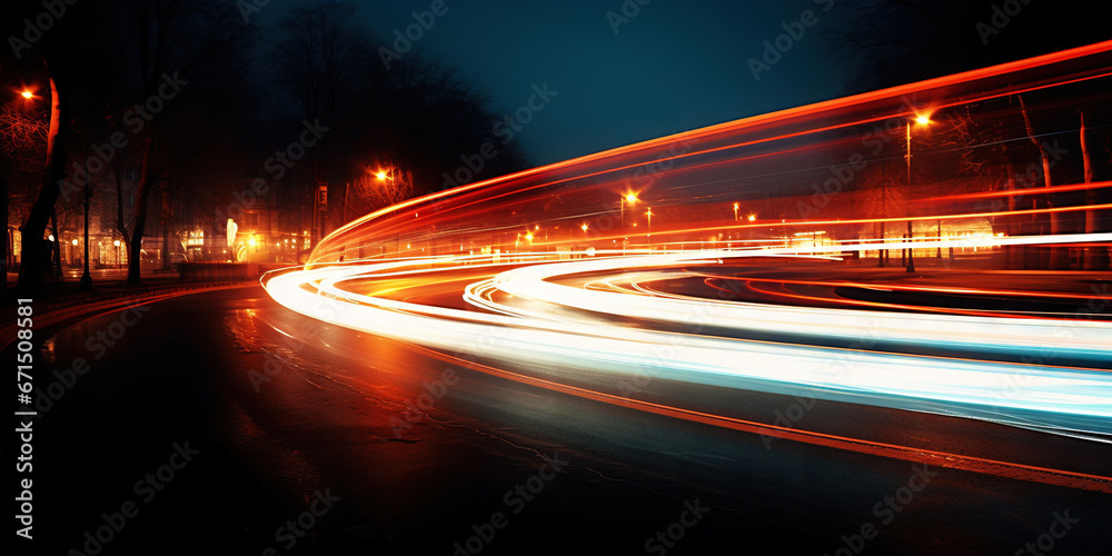 Rush of Twilight: Streaks of Speed. Speed light trails, Colorful glowing swirls. Generative AI