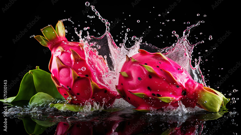 Fresh pitaya with water splashes on dark background. Generative AI