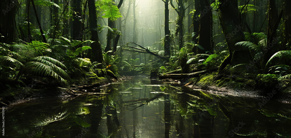 Tropical rainforest around river covered with mist. Generative AI