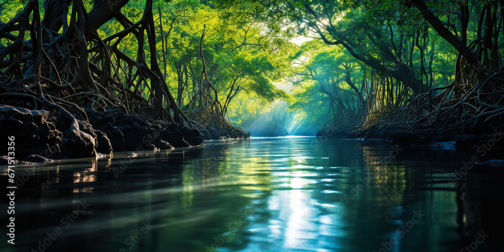 Mangrove forest and calm river in the morning. Minimalist landscape. Generative AI