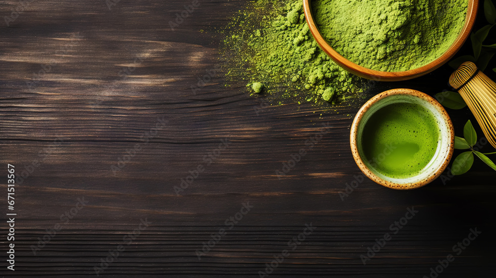 Matcha tea powder in a wooden plate on dark background with whisk, top view, copy space. Generative AI