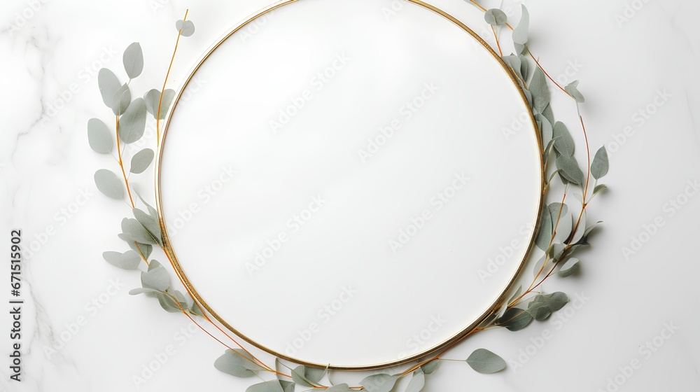 Golden Circle frame on White marble and eucalyptus leave ring around. Elegant, aesthetic and simple decoration for invitations, name cards or fancy background. Floral wreath with leaves for wedding