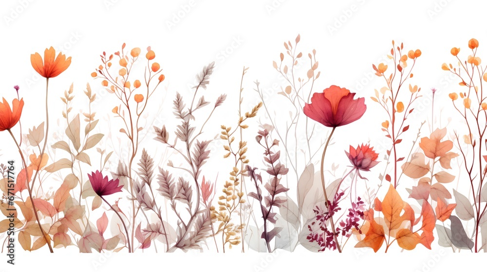 Beautiful display of watercolor painted flowers background, artistically arranged without a border on white background. The floral nature beauty is depicted in soft, pastel colors.