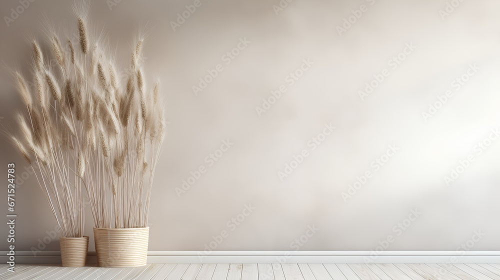 Soft wheat grasses in vase on empty beige wall. Calming beige hues. Neutral tones and minimalist aesthetic serene scene. The crop grass with natural elegance and simplicity.