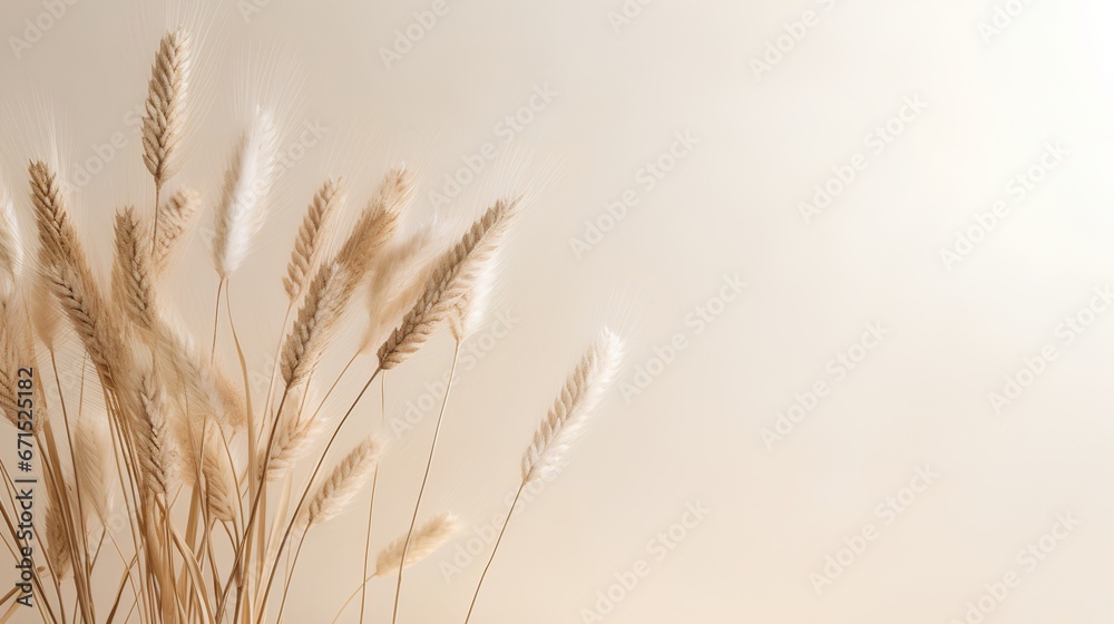 Soft wheat grasses on empty beige wall background. Calming beige hues. Neutral tones and minimalist aesthetic serene scene. The crop grass with natural elegance and simplicity.