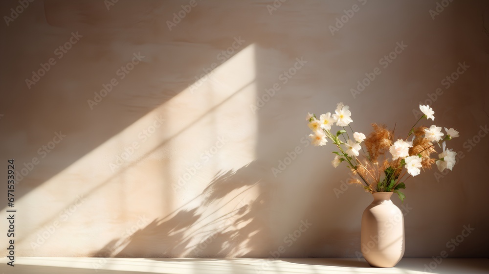 Drawing with vase of flowers with light reflection on it, set against an empty wall background. Aesthetic minimalism, rendered in a soothing palette of beige, natural, and neutral colors.