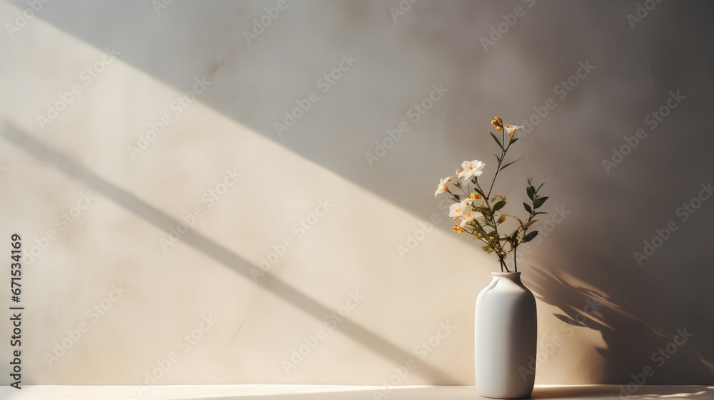 Drawing with vase of flowers with light reflection on it, set against an empty wall background. Aesthetic minimalism, rendered in a soothing palette of beige, natural, and neutral colors.