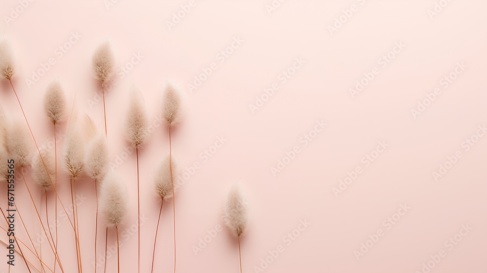 Dried bunny tail grass on pink background. Blush pink and neutral color as aesthetic and minimalism style wallpaper. Natural elements on pastel colored wall with fragile and feminine objects.