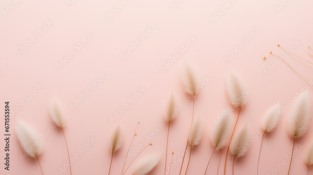 Dried bunny tail grass on pink background. Blush pink and neutral color as aesthetic and minimalism style wallpaper. Natural elements on pastel colored wall with fragile and feminine objects.