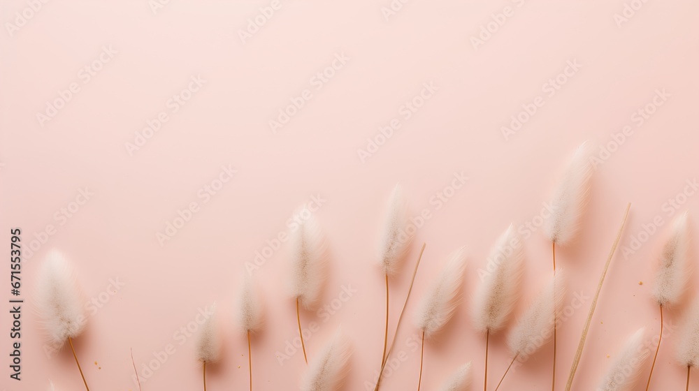 Dried bunny tail grass on pink background. Blush pink and neutral color as aesthetic and minimalism style wallpaper. Natural elements on pastel colored wall with fragile and feminine objects.