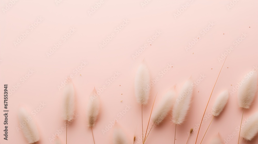 Dried bunny tail grass on pink background. Blush pink and neutral color as aesthetic and minimalism style wallpaper. Natural elements on pastel colored wall with fragile and feminine objects.